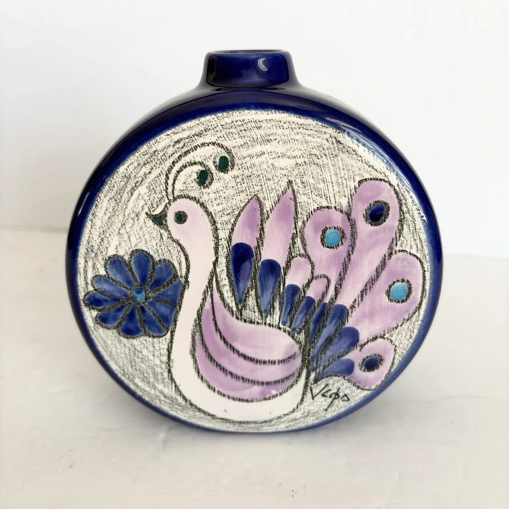 Vtg Signed Eduardo Vega Pottery Vase Ecuador Peacock MCM Blue Pink 5